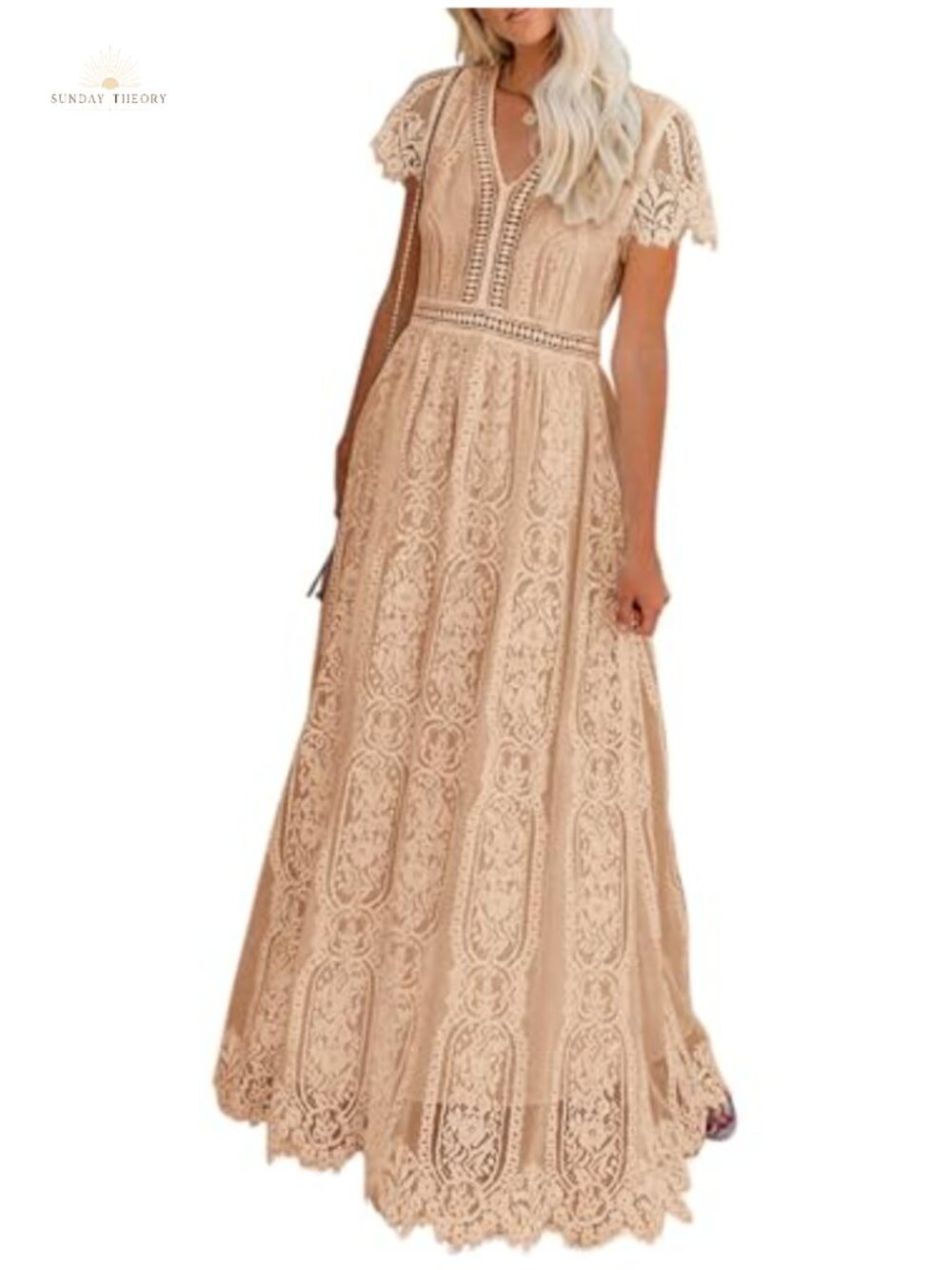 V Neck Short Sleeve Floral Lace A Line Maxi Dress